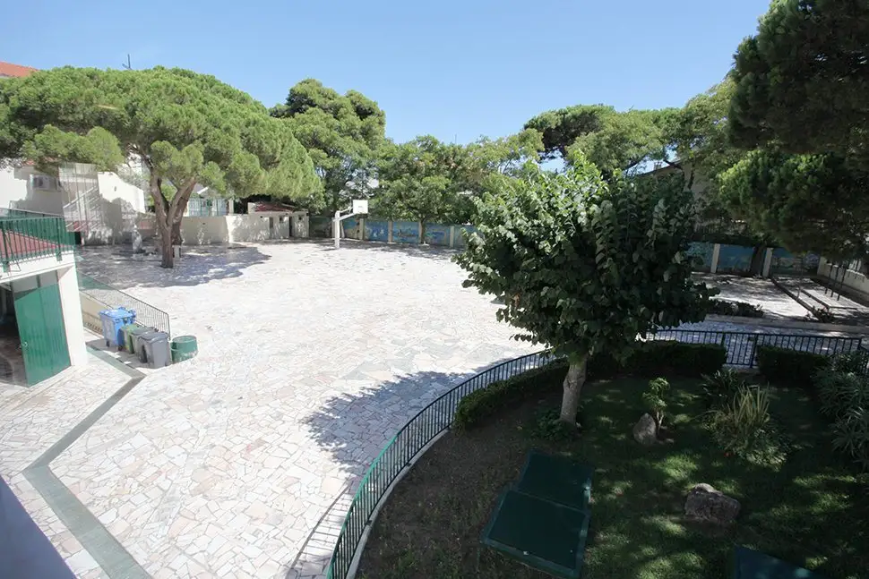 Paved playground and garden shaded by pine trees at Externato Nossa Senhora do Rosário