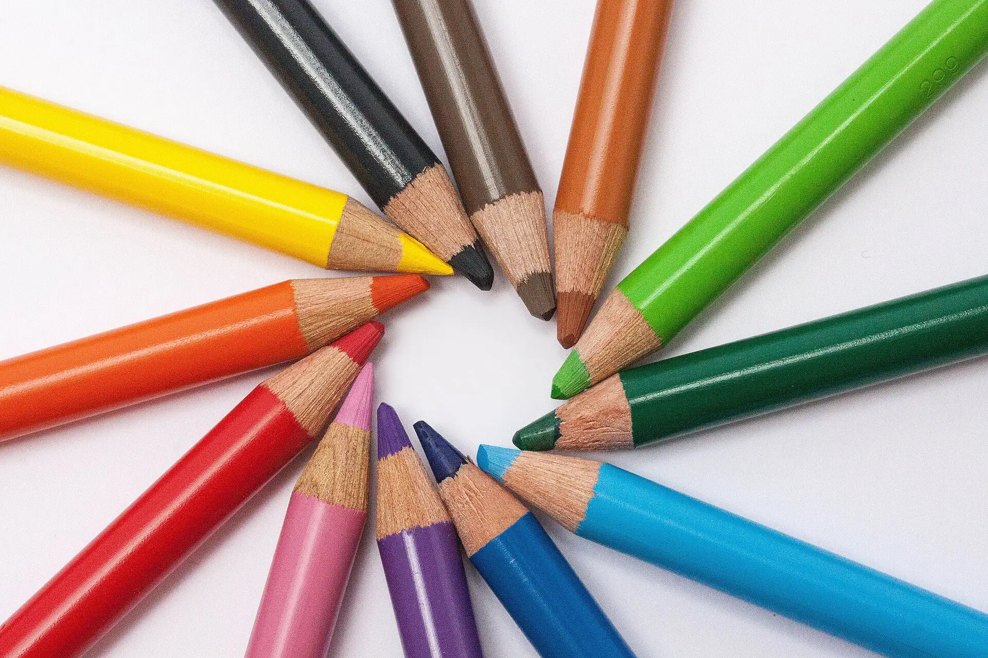 Coloured pencils arranged in a circle on a white table